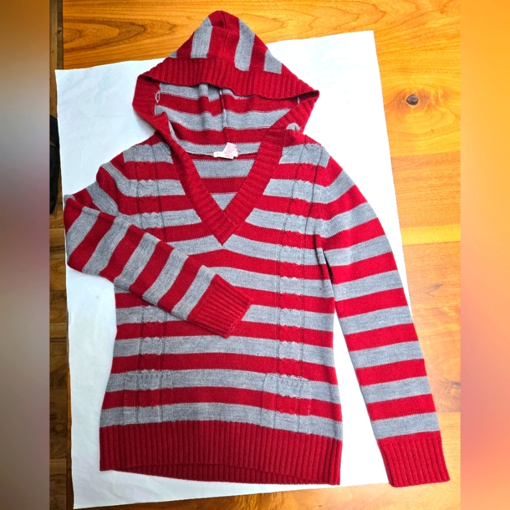Hooded burgundy and grey striped sweater. Women's medium. Very soft!